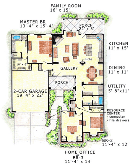 Florida, Traditional House Plan 56511 with 3 Beds, 2 Baths, 2 Car Garage First Level Plan
