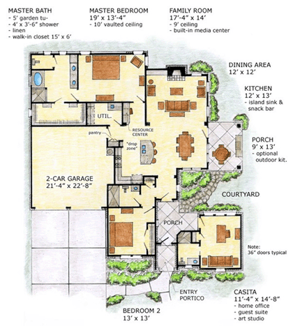 European, Traditional House Plan 56522 with 2 Beds, 3 Baths, 2 Car Garage First Level Plan