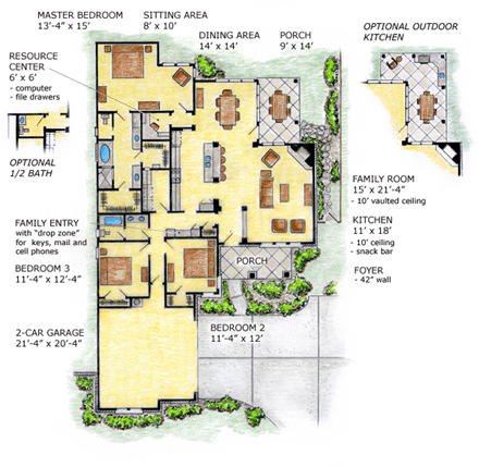Craftsman, One-Story House Plan 56526 with 3 Beds, 2 Baths, 2 Car Garage First Level Plan