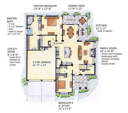 Craftsman House Plan 56532 with 4 Beds, 3 Baths, 2 Car Garage First Level Plan