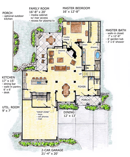 Florida, Mediterranean House Plan 56535 with 3 Beds, 3 Baths, 2 Car Garage First Level Plan
