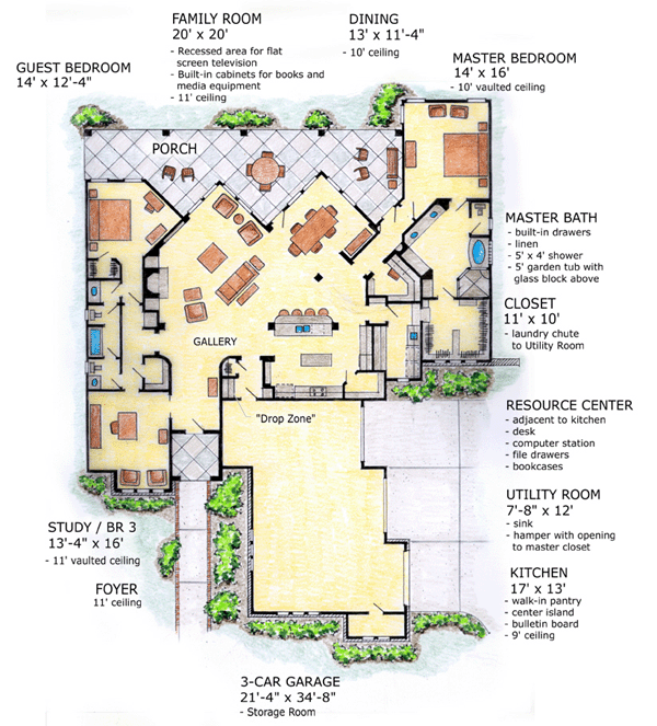 Florida, Mediterranean, One-Story House Plan 56537 with 3 Beds, 2 Baths, 3 Car Garage Level One