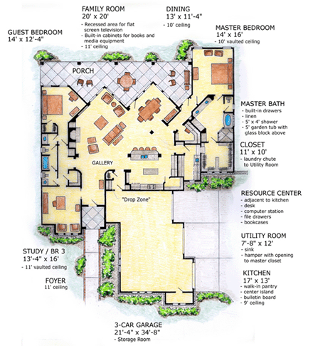 Florida, Mediterranean, One-Story House Plan 56537 with 3 Beds, 2 Baths, 3 Car Garage First Level Plan