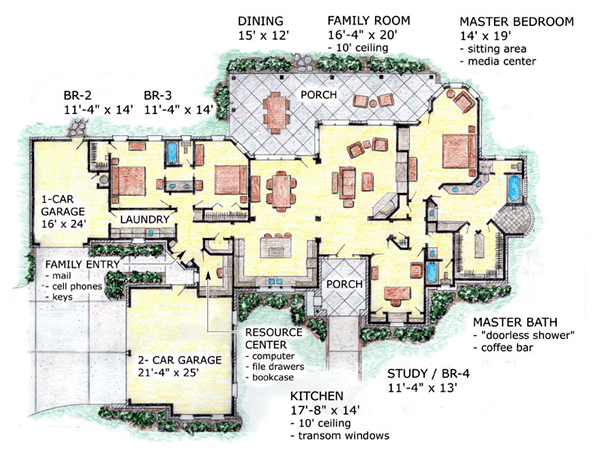 European House Plan 56539 with 3 Beds, 3 Baths, 3 Car Garage Level One