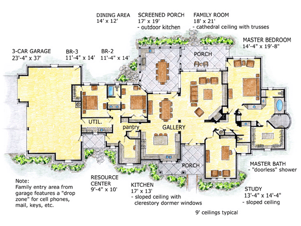 European, Traditional House Plan 56543 with 3 Beds, 2 Baths, 3 Car Garage Level One