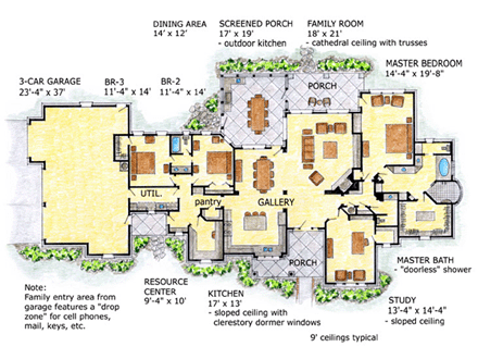 European, Traditional House Plan 56543 with 3 Beds, 2 Baths, 3 Car Garage First Level Plan