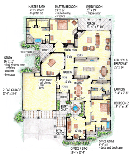 Florida, Mediterranean, One-Story, Southern House Plan 56544 with 3 Beds, 3 Baths, 2 Car Garage First Level Plan