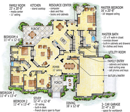 European, One-Story House Plan 56546 with 4 Beds, 4 Baths, 3 Car Garage First Level Plan
