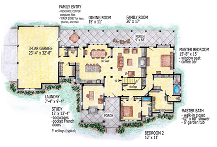 European, Traditional House Plan 56547 with 4 Beds, 5 Baths, 3 Car Garage First Level Plan