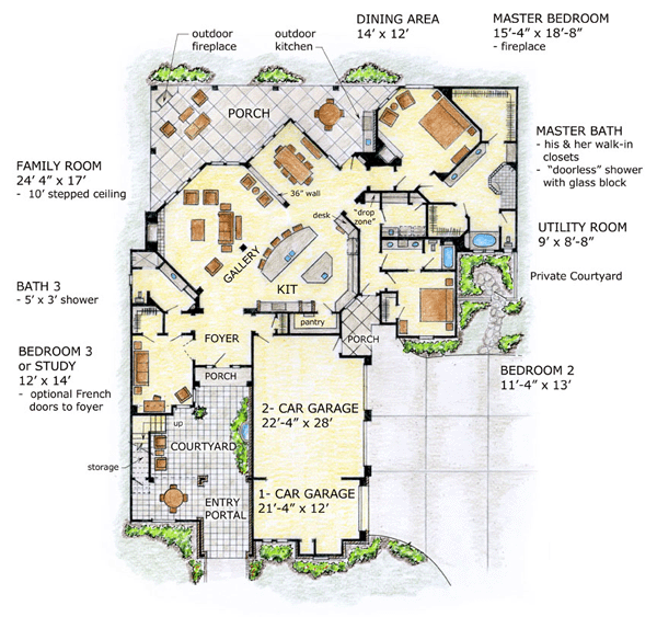 Florida, Mediterranean House Plan 56549 with 4 Beds, 4 Baths, 3 Car Garage Level One