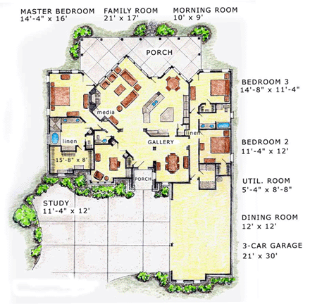 European House Plan 56552 with 3 Beds, 3 Baths, 3 Car Garage First Level Plan