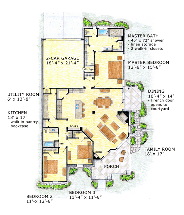 House Plan 56558 with 3 Beds, 2 Baths, 2 Car Garage Level One