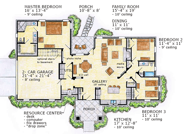 Bungalow, Craftsman, Ranch, Traditional House Plan 56564 with 3 Beds, 2 Baths, 2 Car Garage Level One