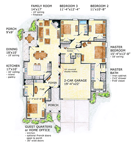 Bungalow, Craftsman, Ranch, Traditional House Plan 56567 with 4 Beds, 3 Baths, 2 Car Garage First Level Plan