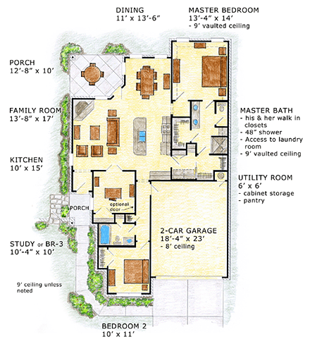 Cottage, European, Traditional House Plan 56568 with 3 Beds, 2 Baths, 2 Car Garage First Level Plan