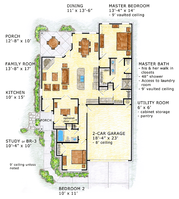 Craftsman, European, Traditional House Plan 56569 with 3 Beds, 2 Baths, 2 Car Garage Level One
