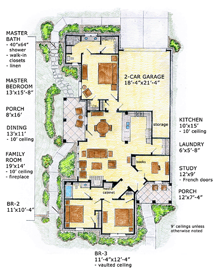 Bungalow, European, Ranch, Traditional House Plan 56571 with 3 Beds, 2 Baths, 2 Car Garage First Level Plan