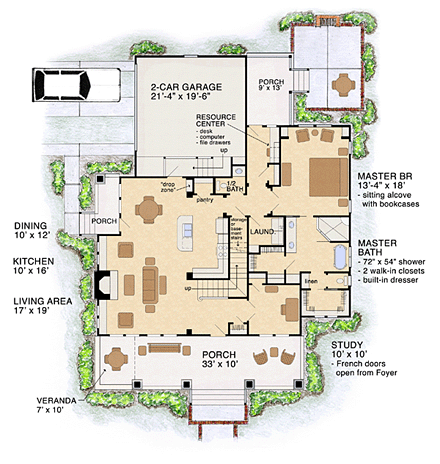 Bungalow, Cabin, Cottage, Craftsman House Plan 56574 with 3 Beds, 3 Baths, 2 Car Garage First Level Plan