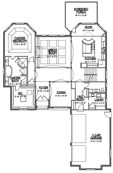 European, Tudor House Plan 56611 with 3 Beds, 4 Baths, 3 Car Garage First Level Plan