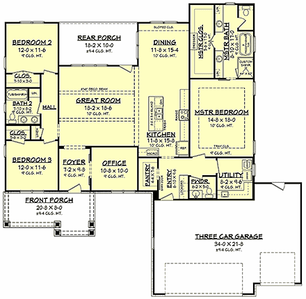 Craftsman, Farmhouse, Ranch House Plan 56707 with 3 Beds, 3 Baths, 3 Car Garage First Level Plan