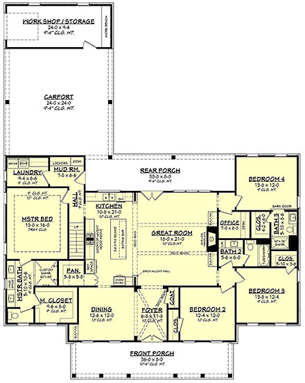 Country, Farmhouse, One-Story, Traditional House Plan 56710 with 4 Beds, 3 Baths, 2 Car Garage First Level Plan
