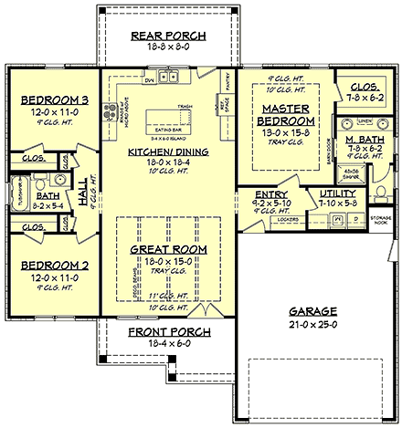 Country, Farmhouse, Southern, Traditional House Plan 56712 with 3 Beds, 2 Baths, 2 Car Garage First Level Plan
