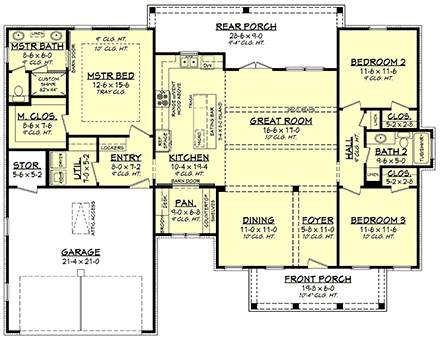 Country, Farmhouse, One-Story, Traditional House Plan 56715 with 3 Beds, 2 Baths, 2 Car Garage First Level Plan