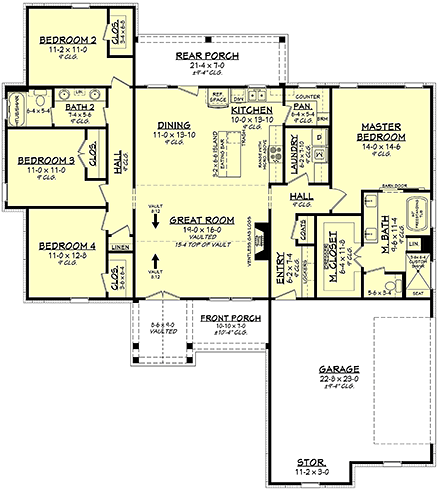 Country, Farmhouse, One-Story House Plan 56719 with 4 Beds, 2 Baths, 2 Car Garage First Level Plan