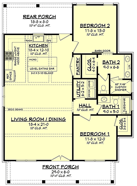 Cottage, Country, Farmhouse House Plan 56721 with 2 Beds, 2 Baths First Level Plan