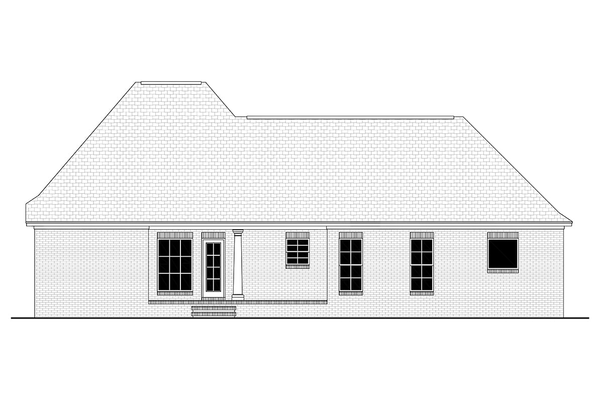 Colonial, French Country, Southern Plan with 1500 Sq. Ft., 3 Bedrooms, 2 Bathrooms, 2 Car Garage Rear Elevation