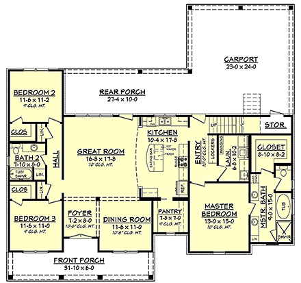 Country, European, French Country, Southern House Plan 56908 with 3 Beds, 2 Baths, 2 Car Garage First Level Plan