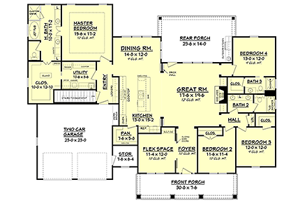 Country, Ranch, Traditional House Plan 56923 with 4 Beds, 3 Baths, 2 Car Garage First Level Plan