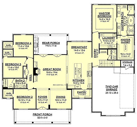 Country, Farmhouse, Southern House Plan 56925 with 4 Beds, 3 Baths, 2 Car Garage First Level Plan