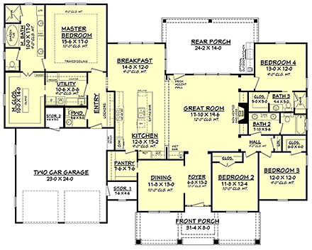 Country, Craftsman, Traditional House Plan 56927 with 4 Beds, 4 Baths, 2 Car Garage First Level Plan