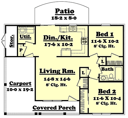 Country, Ranch, Traditional House Plan 56931 with 2 Beds, 1 Baths, 1 Car Garage First Level Plan