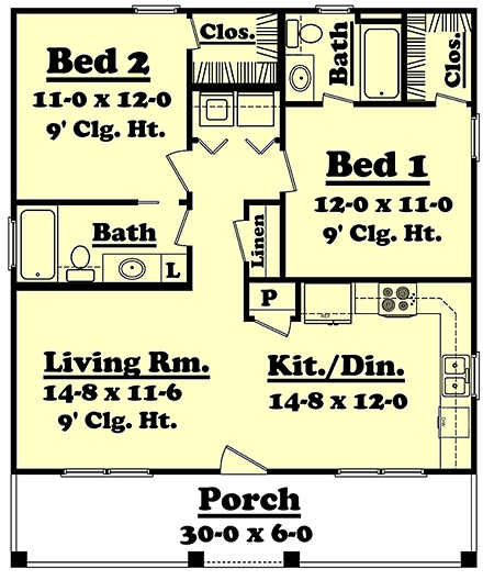 Cabin, Country, Southern House Plan 56933 with 2 Beds, 2 Baths First Level Plan