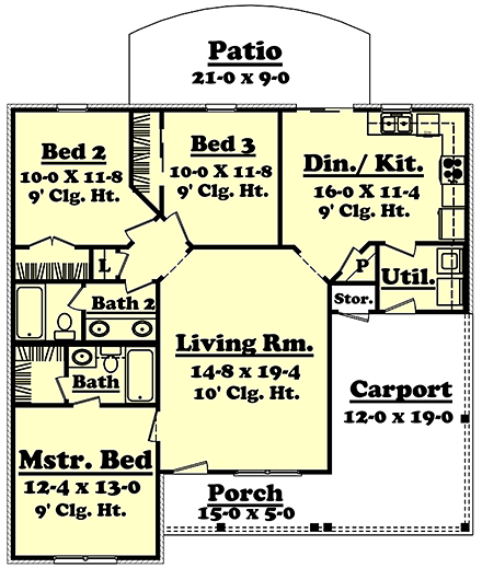 Country, Ranch, Traditional House Plan 56934 with 3 Beds, 2 Baths, 1 Car Garage First Level Plan