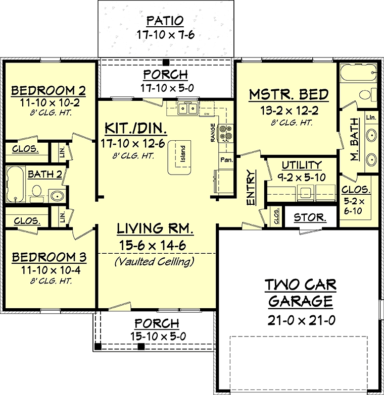 House Plan 56938 Traditional Style With 1300 Sq Ft 3 Bed 2 Ba