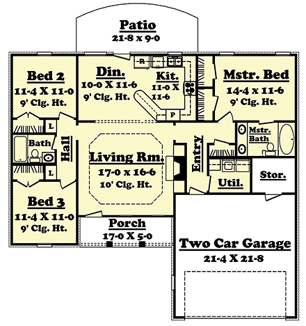 Country, Ranch, Traditional House Plan 56944 with 3 Beds, 2 Baths, 2 Car Garage First Level Plan