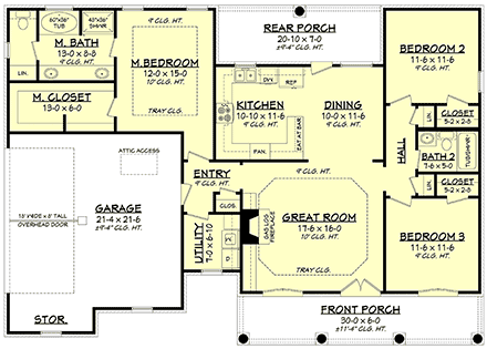 European, French Country House Plan 56952 with 3 Beds, 2 Baths, 2 Car Garage First Level Plan