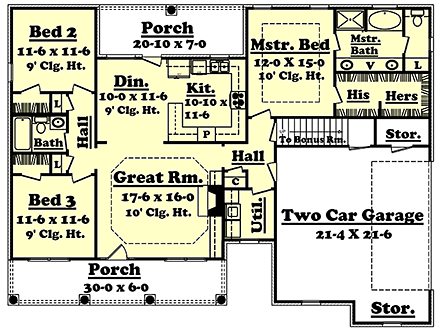 Country, Ranch, Traditional House Plan 56953 with 3 Beds, 2 Baths, 2 Car Garage First Level Plan