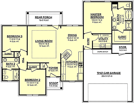 Country, European, French Country House Plan 56955 with 3 Beds, 2 Baths, 2 Car Garage First Level Plan