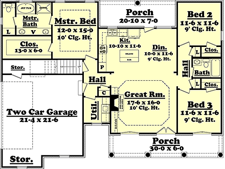 Country, European, French Country House Plan 56958 with 3 Beds, 2 Baths, 2 Car Garage First Level Plan