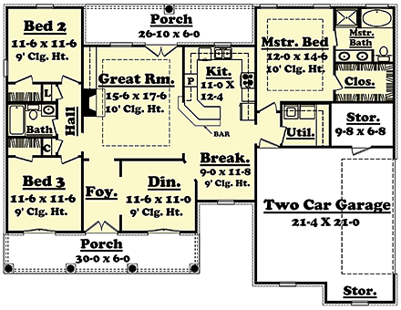 Acadian, European, French Country House Plan 56967 with 3 Beds, 2 Baths, 2 Car Garage First Level Plan