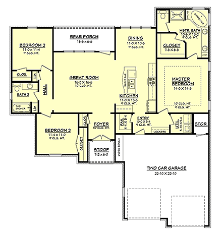 Country, European, French Country House Plan 56968 with 3 Beds, 2 Baths, 2 Car Garage First Level Plan