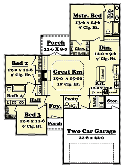 Country, Ranch, Traditional House Plan 56969 with 3 Beds, 3 Baths, 2 Car Garage First Level Plan