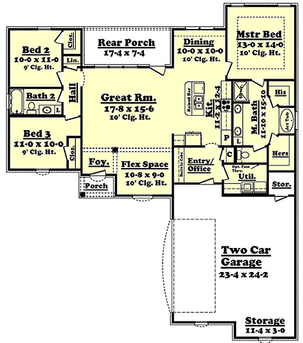 Acadian, Country, European, French Country House Plan 56973 with 3 Beds, 2 Baths, 2 Car Garage First Level Plan
