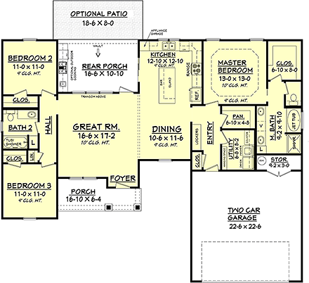Cottage, Country, Craftsman, Traditional House Plan 56974 with 3 Beds, 2 Baths, 2 Car Garage First Level Plan