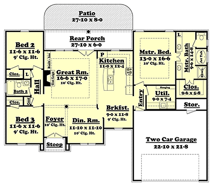 Country, French Country House Plan 56987 with 3 Beds, 2 Baths, 2 Car Garage First Level Plan