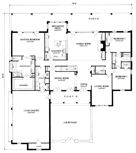 Traditional House Plan 57030 with 4 Beds, 4 Baths, 3 Car Garage First Level Plan